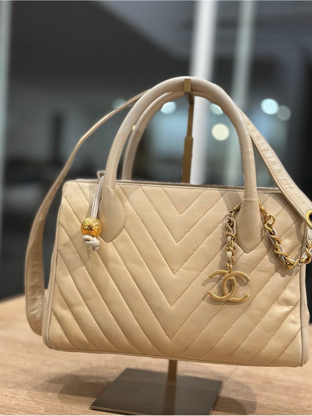 CHANEL Beige Chevron Quilted Leather Satchel with Gold CC Charm